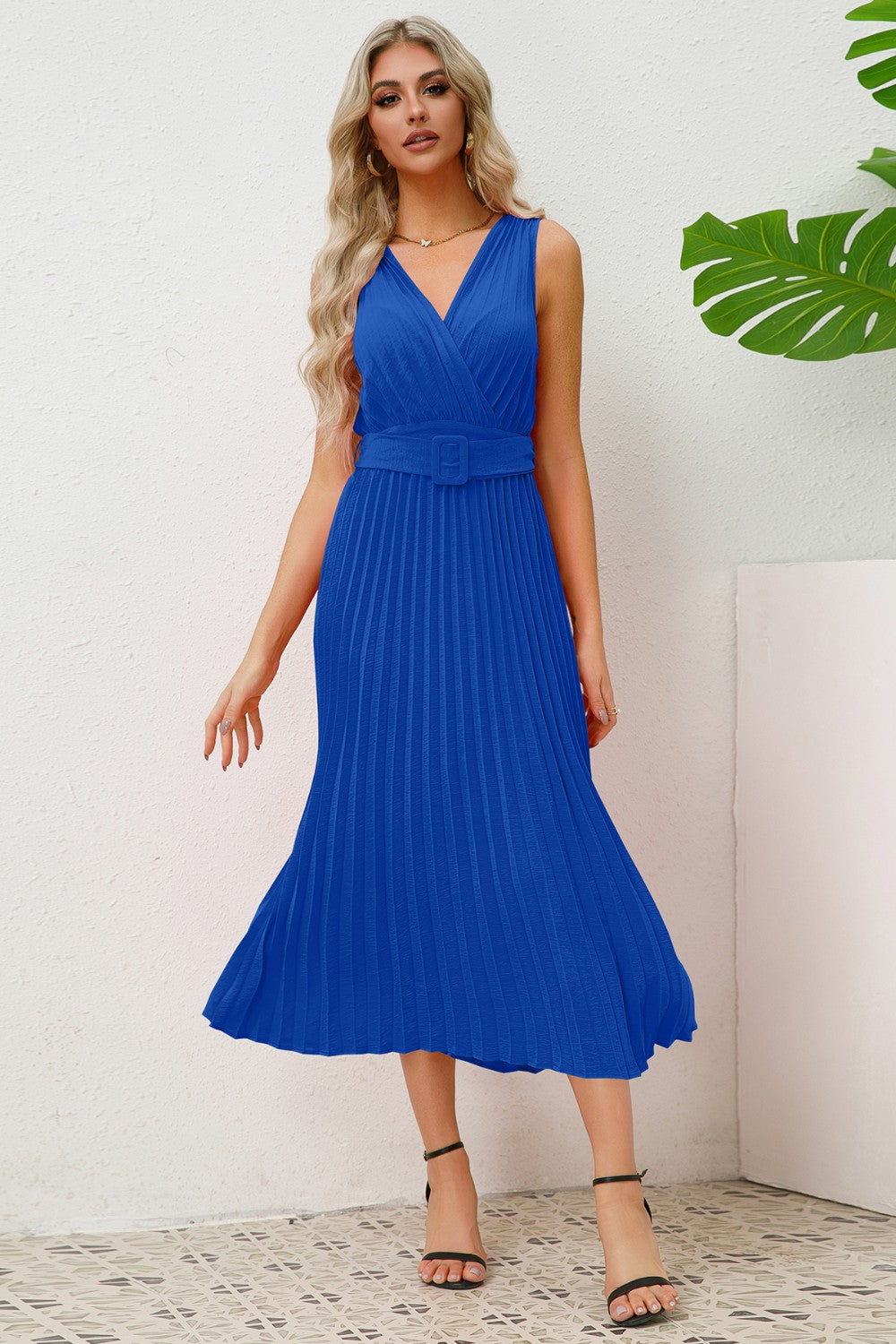 Surplice Sleeveless Midi Pleated Dress-VMA Specialties Boutique