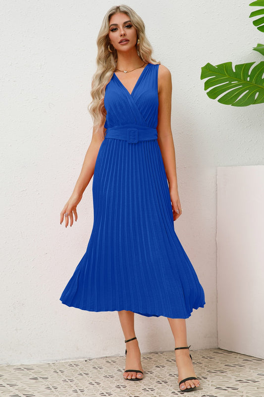 Surplice Sleeveless Midi Pleated Dress-VMA Specialties Boutique