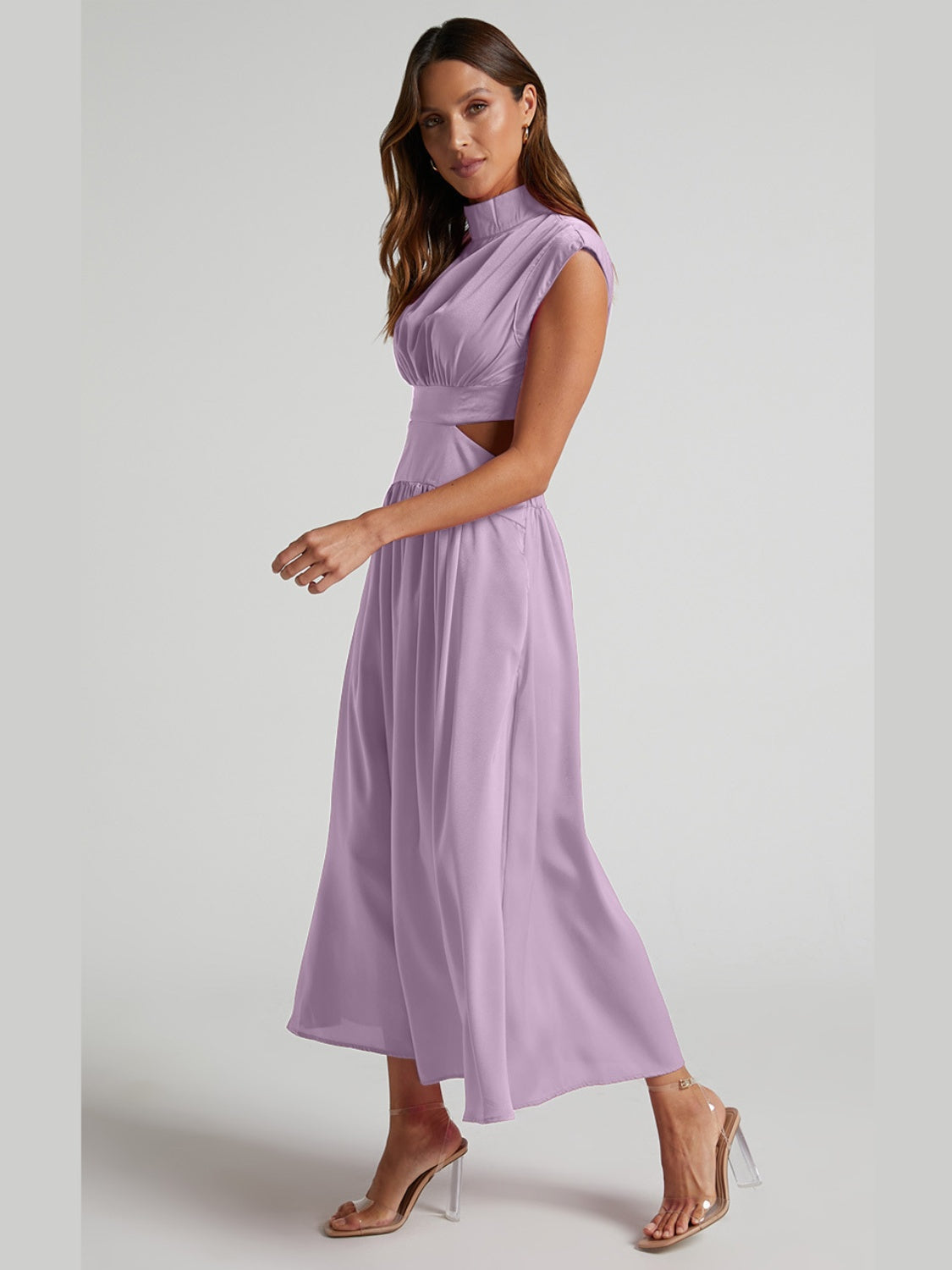 Cutout Mock Neck Sleeveless Ruched Dress-VMA Specialties Boutique