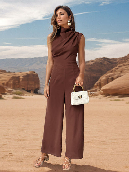 Ruched Mock Neck Sleeveless Jumpsuit-VMA Specialties Boutique