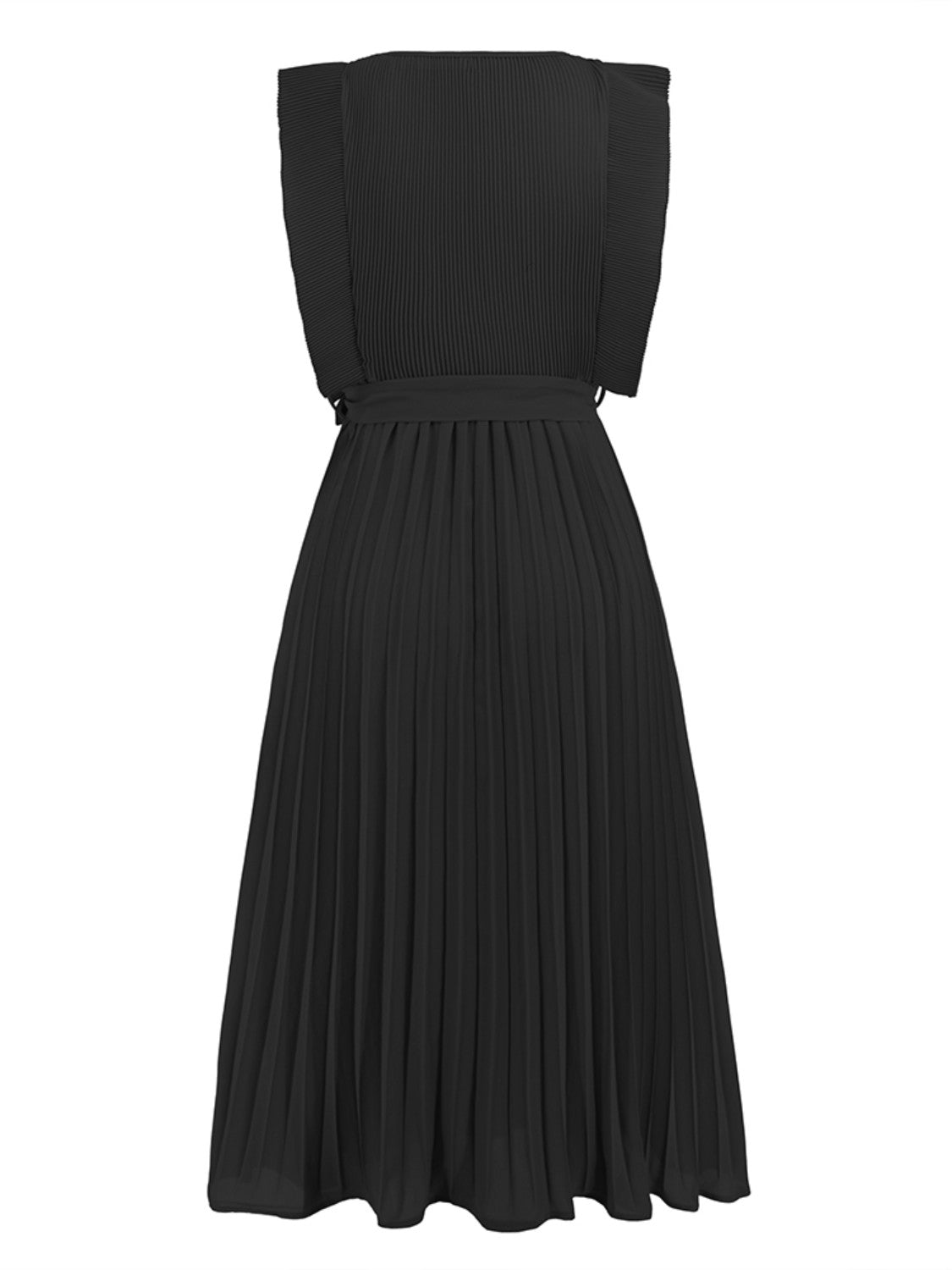 Tied Round Neck Pleated Midi Dress-VMA Specialties Boutique