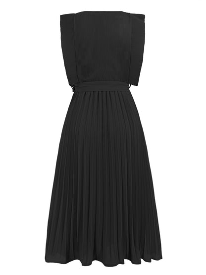 Tied Round Neck Pleated Midi Dress-VMA Specialties Boutique