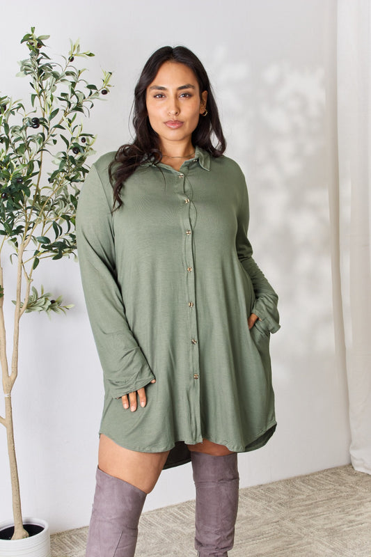 Celeste Full Size Button Down Shirt Dress-VMA Specialties 