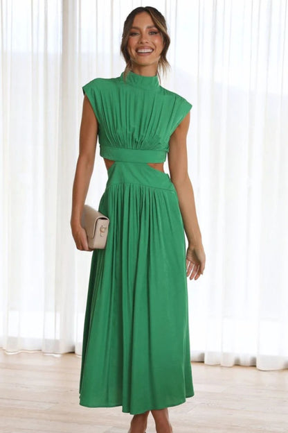 Cutout Mock Neck Sleeveless Ruched Dress-VMA Specialties Boutique