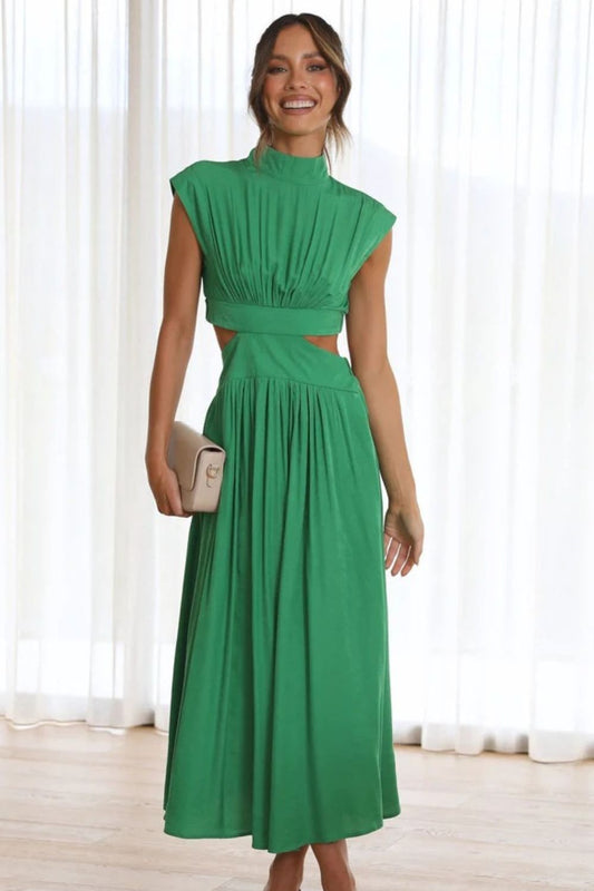 Cutout Mock Neck Sleeveless Ruched Dress-VMA Specialties Boutique