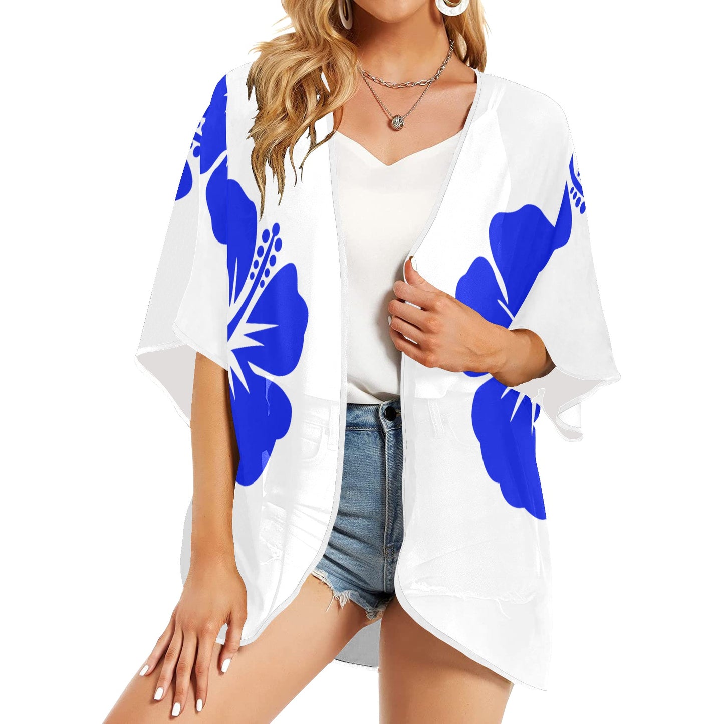 Women's Kimono Chiffon Cover Up- Royal Blue and White