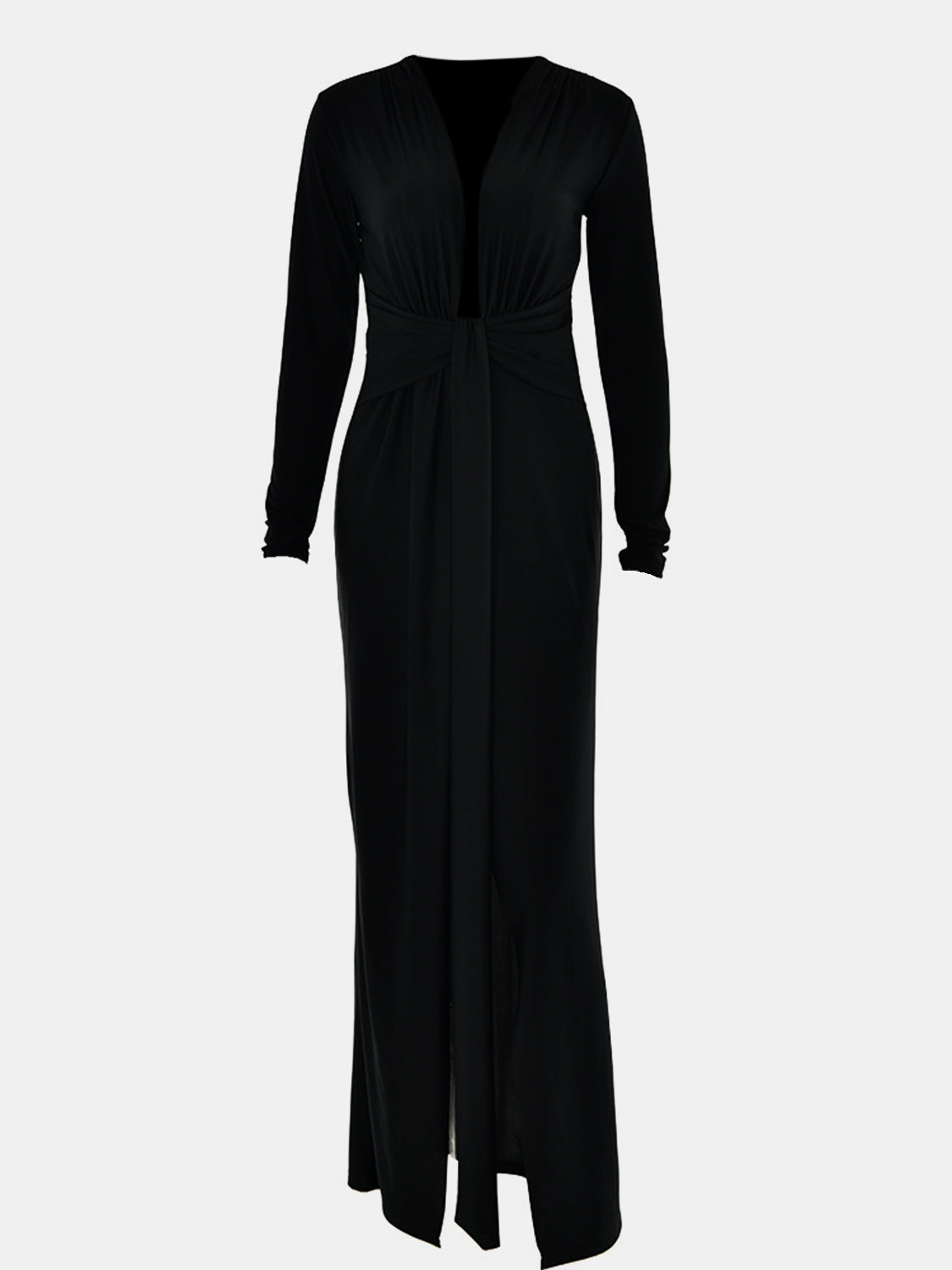 Ruched Slit Plunge Long Sleeve Dress-VMA Specialties Boutique