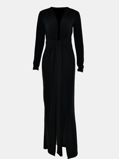 Ruched Slit Plunge Long Sleeve Dress-VMA Specialties Boutique