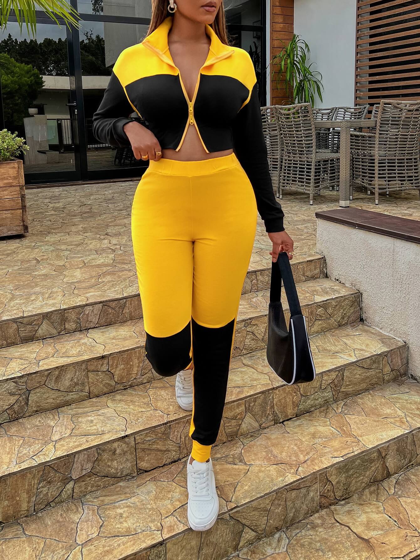 Two-Tone Collared Neck Top and Joggers Set-VMA Specialties Boutique