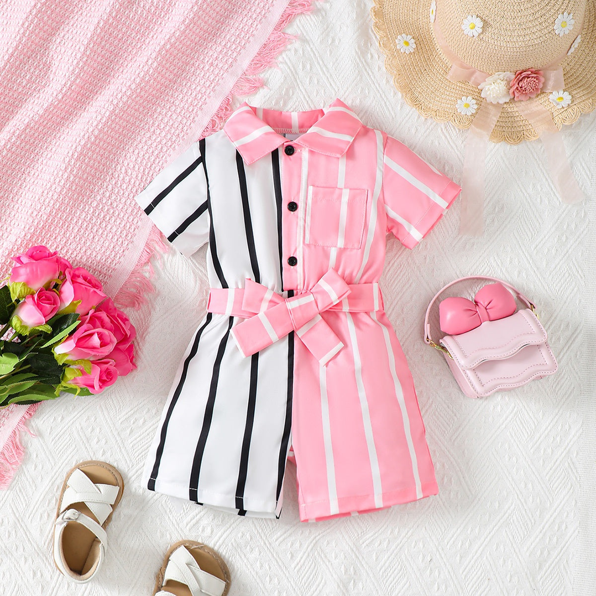 Striped Two-Tone Short Sleeve Tie Waist Romper-VMA Specialties Boutique