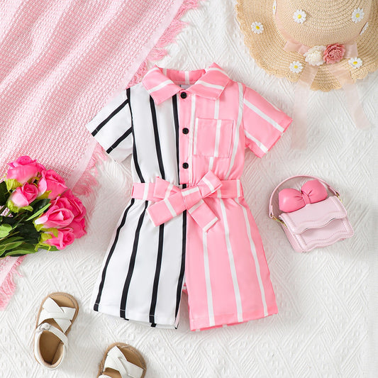 Striped Two-Tone Short Sleeve Tie Waist Romper-VMA Specialties Boutique