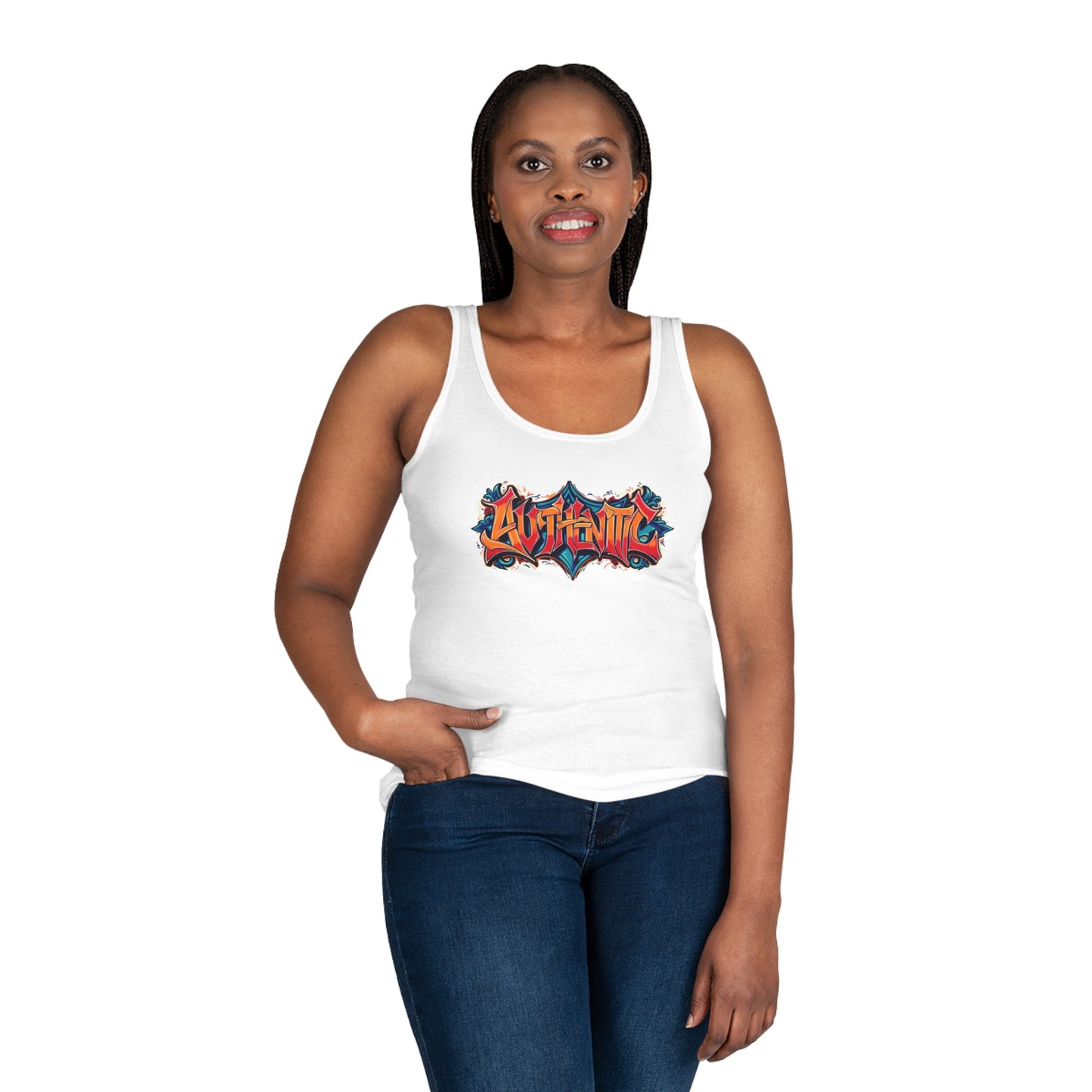 Authentic Women's Tank Top, Graffiti Style Design, Soft and Trendy, Black Gray White, Jeans Shorts Layered Jacket, Casual