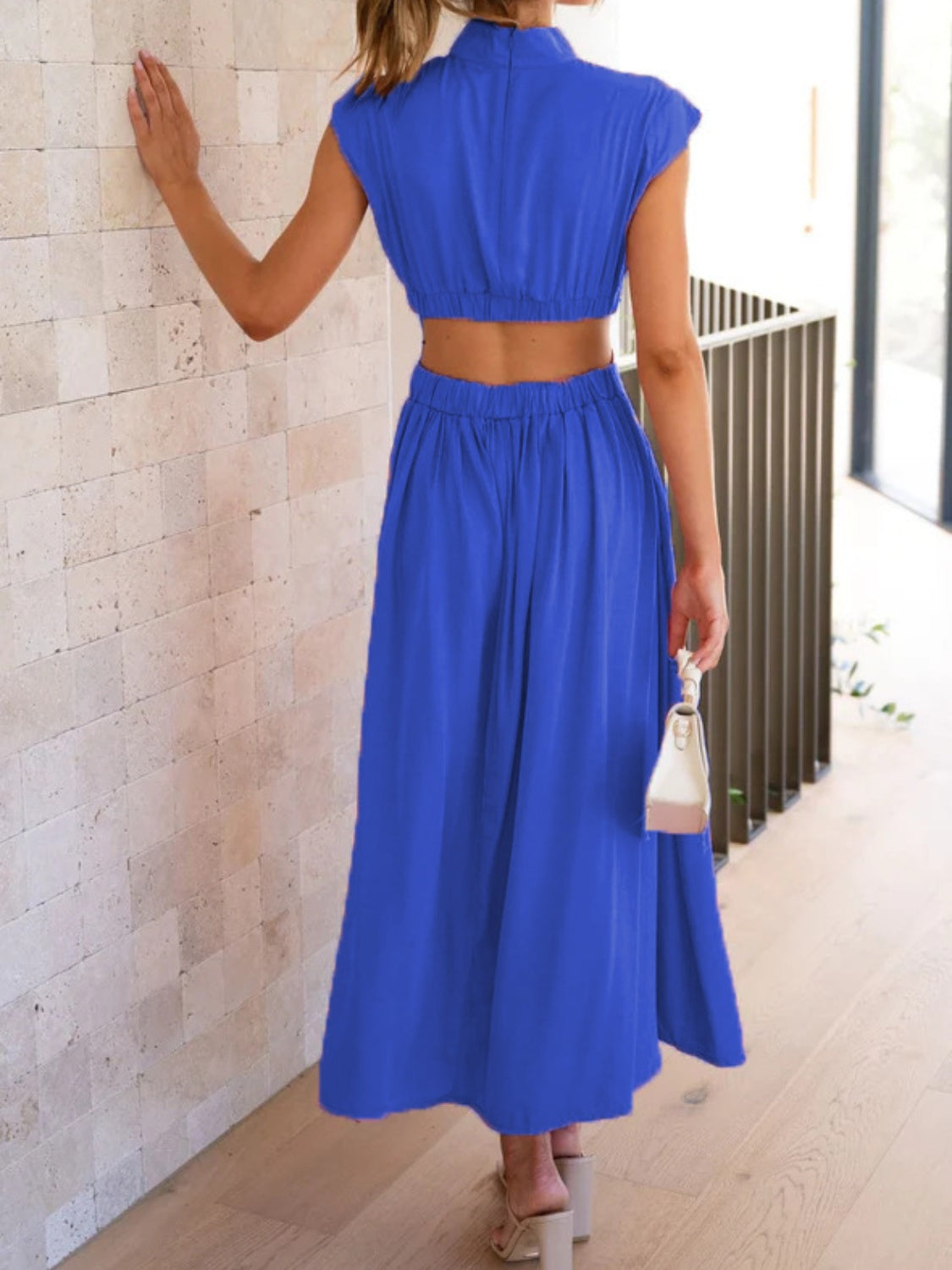 Cutout Mock Neck Sleeveless Ruched Dress-VMA Specialties Boutique