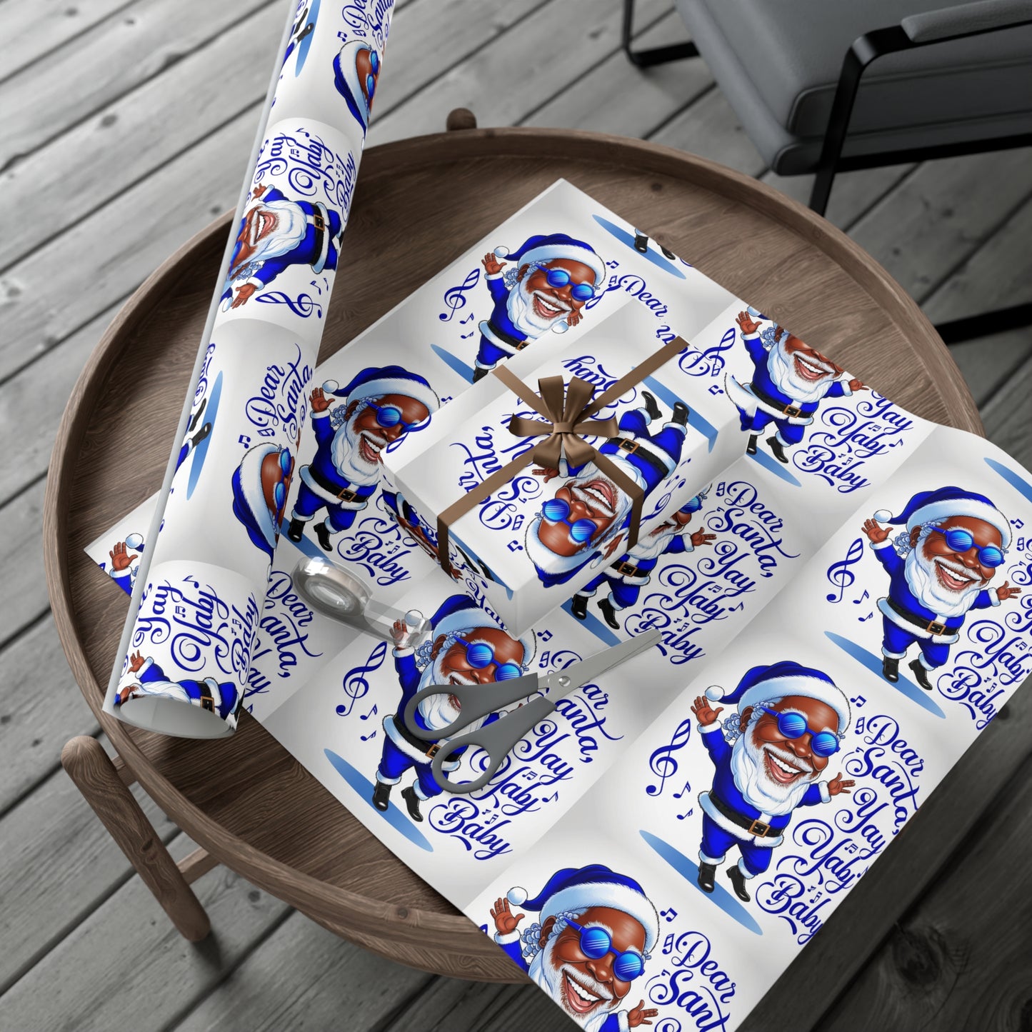 Gift Wrap Papers - Dear Santa African American Santa Yay baby Royal blue and white