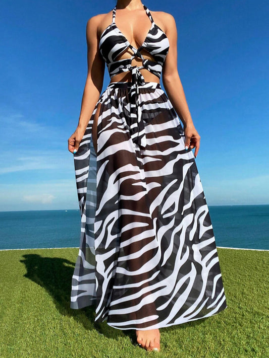 Printed Halter Neck Three-Piece Swim Set-VMA Specialties Boutique