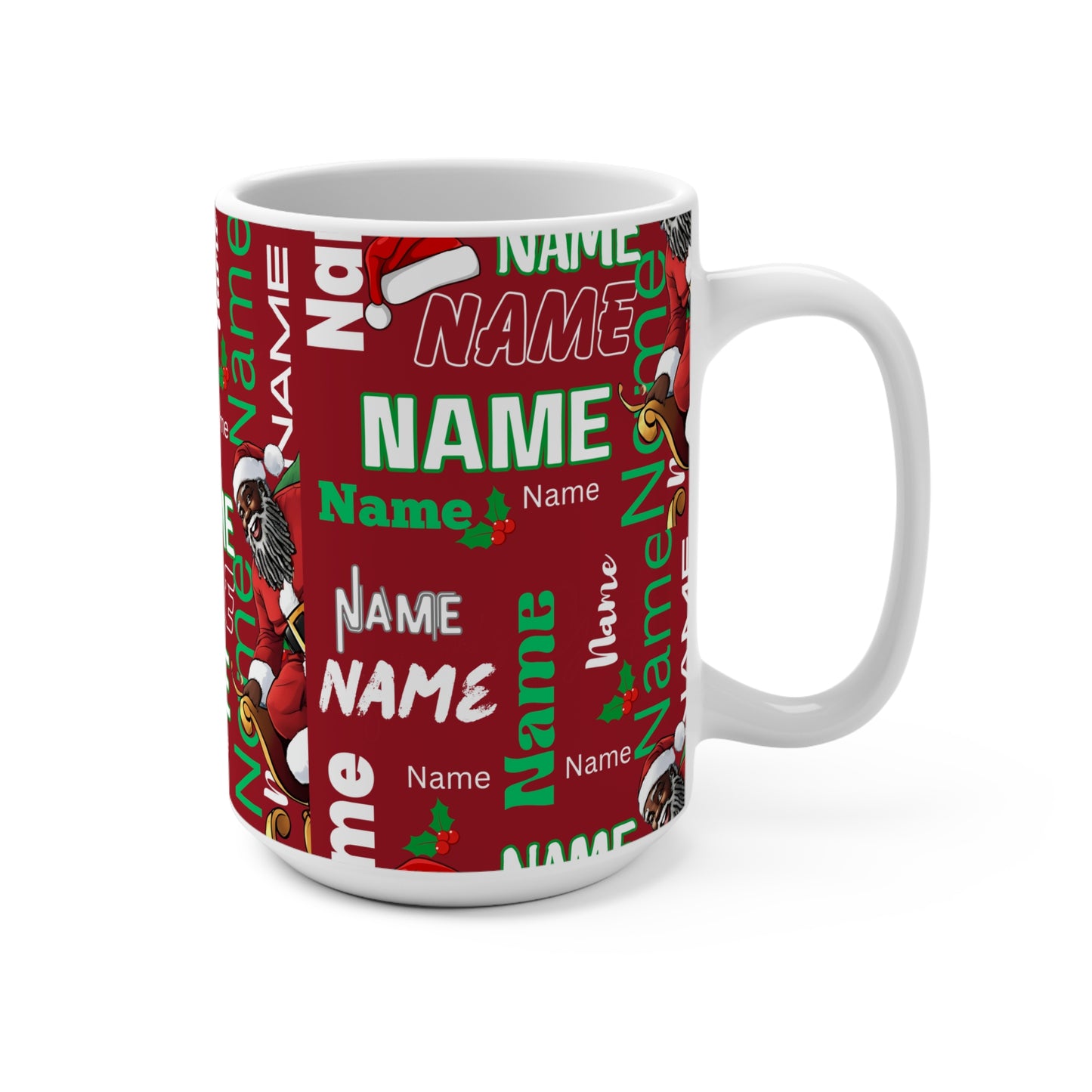 Red Writing Wall Mug, Black Santa Knows My Name, Your Name, 15oz Cup for Holidays, Christmas Gift, Personalized