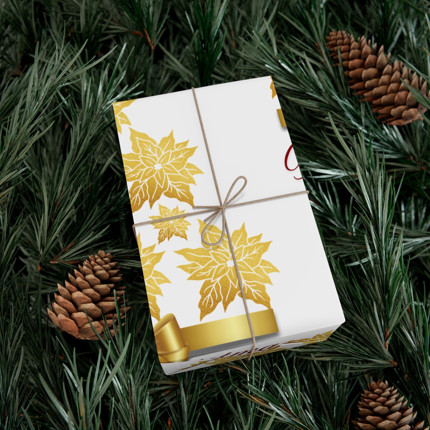 Wrapping Papers - Festive Golden Poinsettia Flowers Merry Christmas Gift Wrap Roll, Elegant White Gold Ribbon Accents,