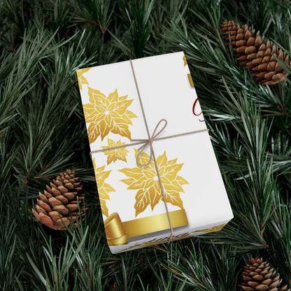 Wrapping Papers - Festive Golden Poinsettia Flowers Merry Christmas Gift Wrap Roll, Elegant White Gold Ribbon Accents,