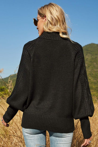 Ribbed Mock Neck Lantern Sleeve Sweater-VMA Specialties Boutique