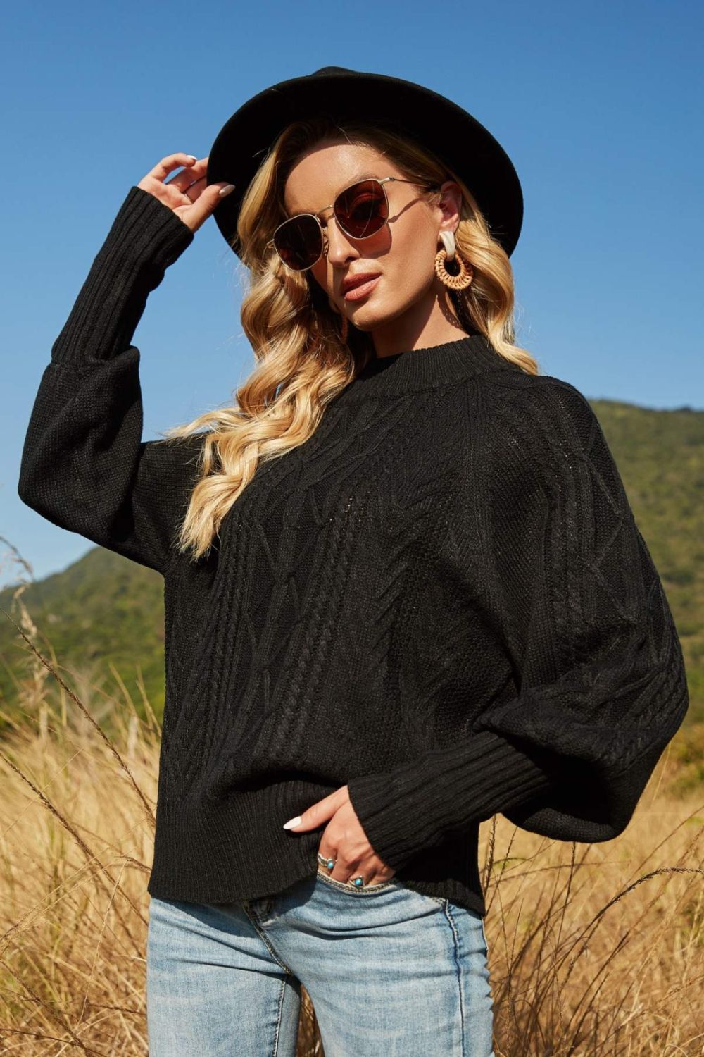Ribbed Mock Neck Lantern Sleeve Sweater-VMA Specialties Boutique