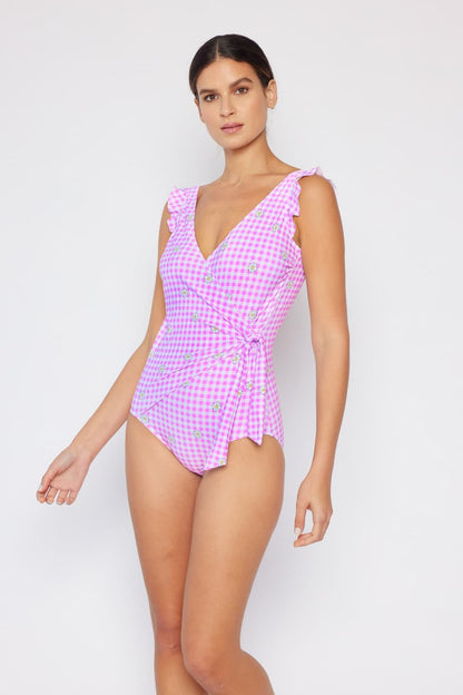 Marina West Swim Full Size Float On Ruffle Faux Wrap One-Piece in Carnation Pink-VMA Specialties Boutique