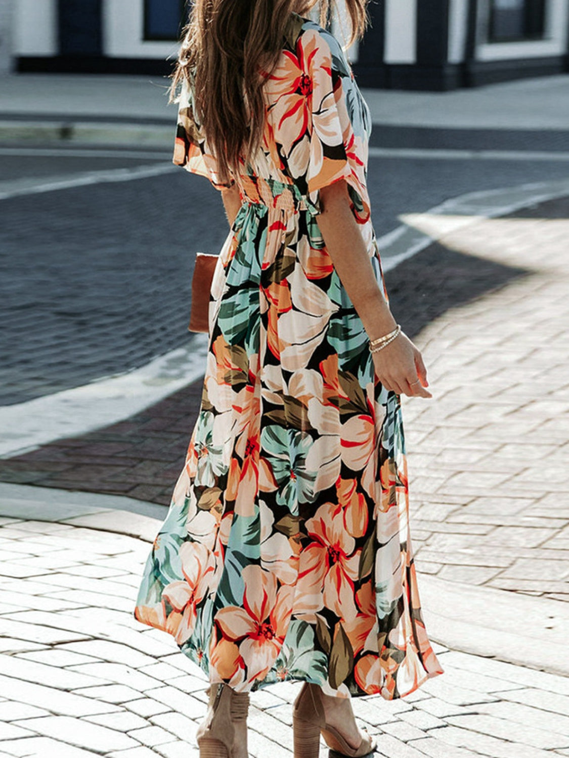 Floral Plunge Half Sleeve Dress-VMA Specialties Boutique