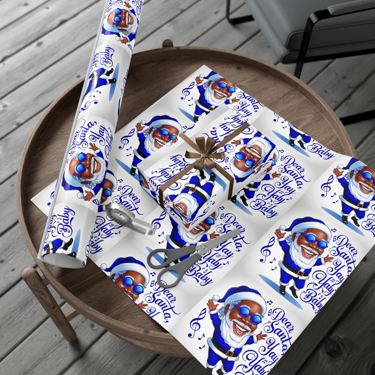 Gift Wrap Papers - Dear Santa African American Santa Yay baby Royal blue and white