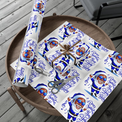 Gift Wrap Papers - Dear Santa African American Santa Yay baby Royal blue and white