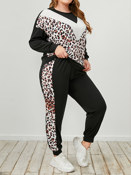 Plus Size Leopard Sweatshirt and Sweatpants Set-VMA Specialties Boutique