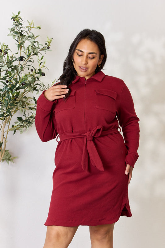 Culture Code Full Size Tie Front Half Zip Long Sleeve Shirt Dress-VMA Specialties Boutique