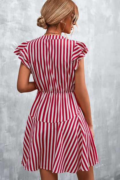 Ruffled Striped Cap Sleeve Mini Dress-VMA Specialties Boutique