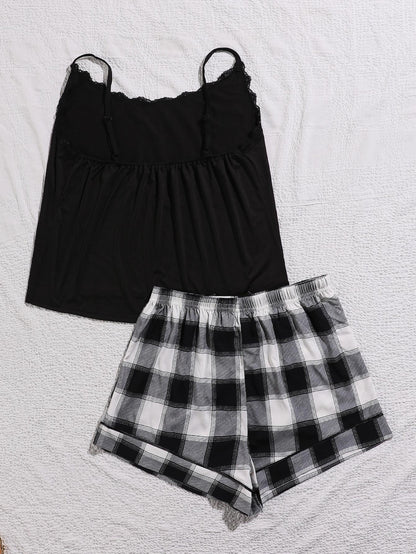 Plus Size Lace Trim Scoop Neck Cami and Printed Shorts Pajama Set-VMA Specialties Boutique
