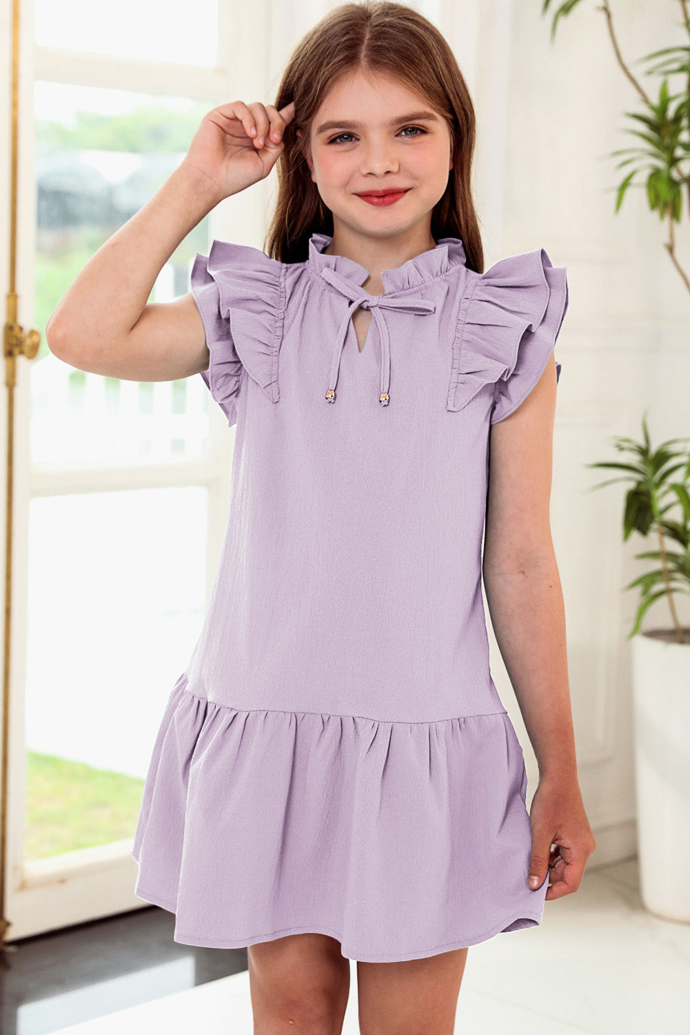 Tie Neck Flutter Sleeve Dress-VMA Specialties Boutique