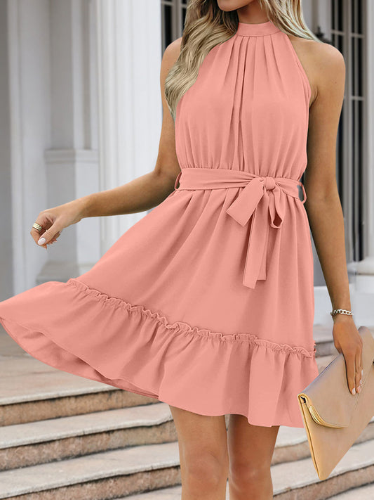 Ruched Grecian Neck Tie Waist Mini Dress-VMA Specialties Boutique