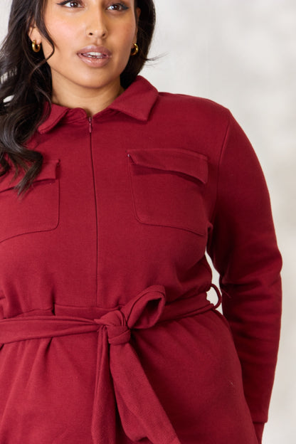 Culture Code Full Size Tie Front Half Zip Long Sleeve Shirt Dress-VMA Specialties Boutique