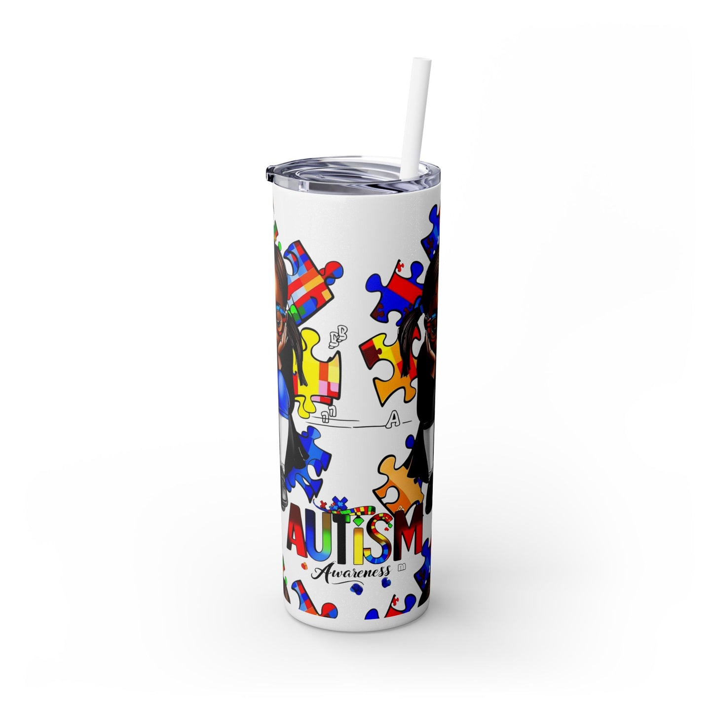 Skinny Tumbler, Autism Awareness Tumbler, Puzzle Pieces Tumbler, Black Girl, Special Needs Gift, 20oz Cup with Straw