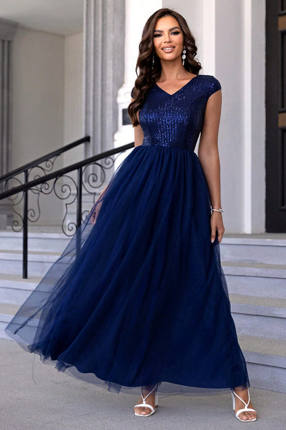 Sequin V-Neck Mesh Maxi Dress-VMA Specialties Boutique