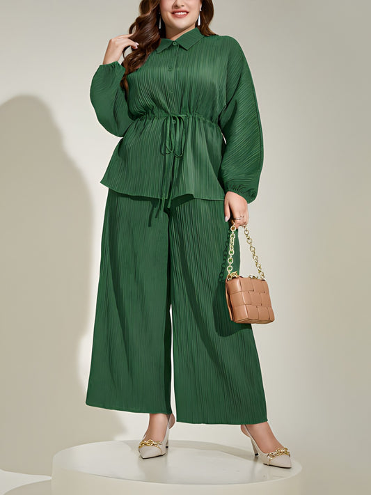 Plus Size Collared Neck Buttoned Top and Wide Leg Pants Set-VMA Specialties Boutique