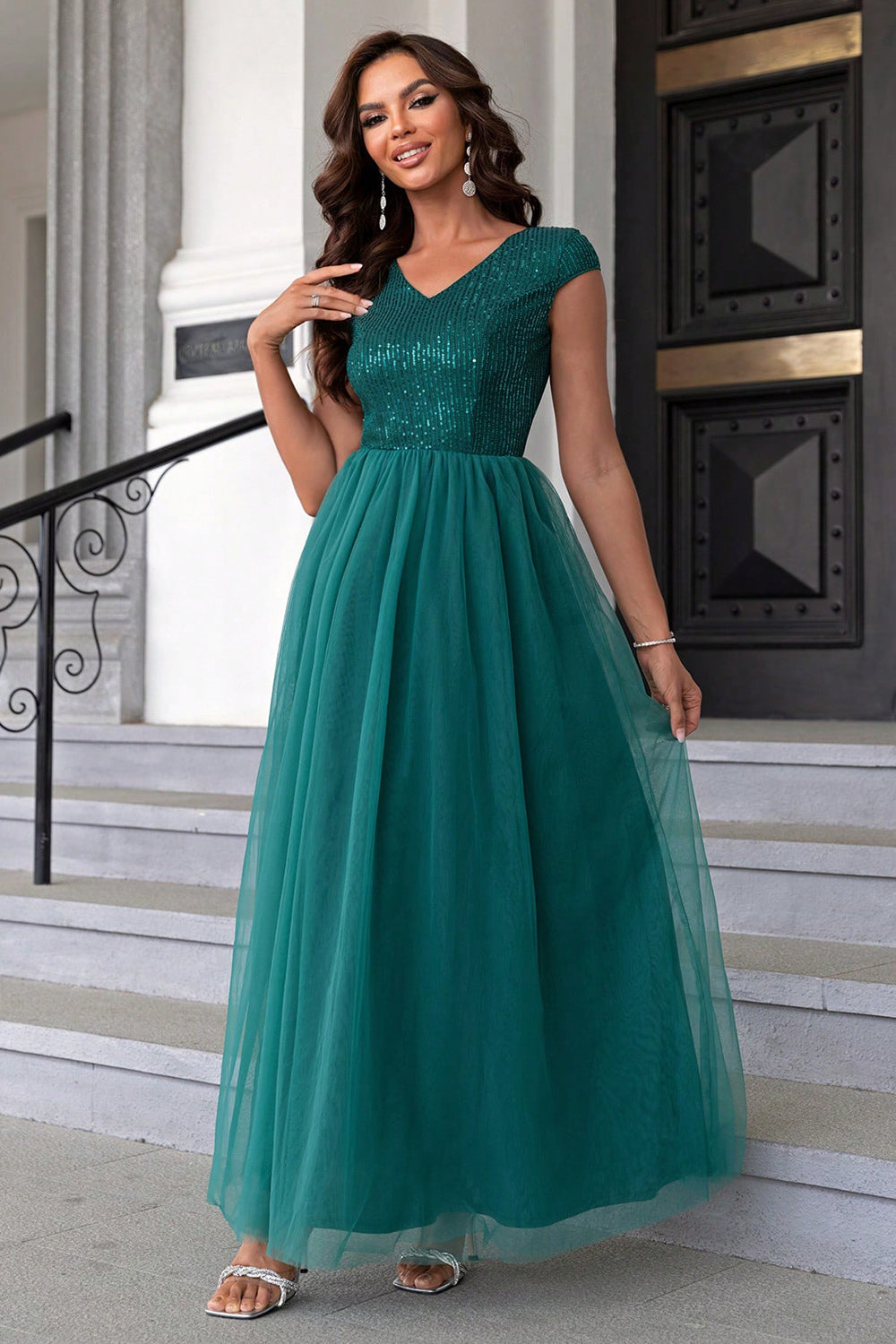 Sequin V-Neck Mesh Maxi Dress-VMA Specialties Boutique