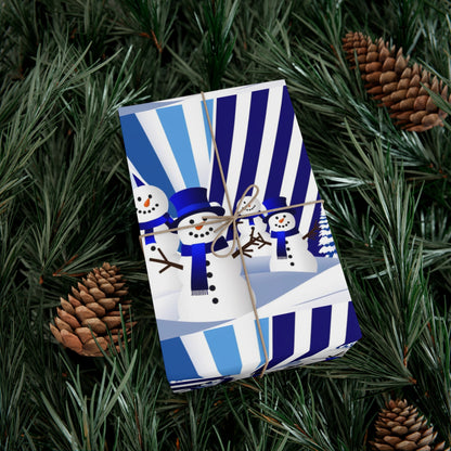 Wrapping Paper, Festive Snowman Holiday Gift Wrap, Winter Blue White Stripes, Christmas , Rustic Pine Branches, Cheerful