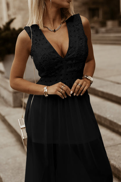 Slit Lace Detail V-Neck Dress-VMA Specialties Boutique