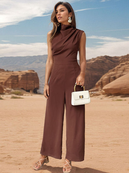 Ruched Mock Neck Sleeveless Jumpsuit-VMA Specialties Boutique