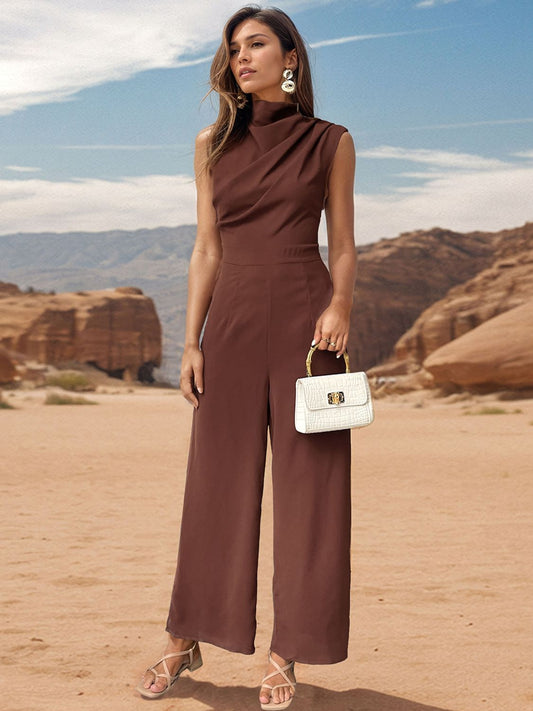 Ruched Mock Neck Sleeveless Jumpsuit-VMA Specialties Boutique
