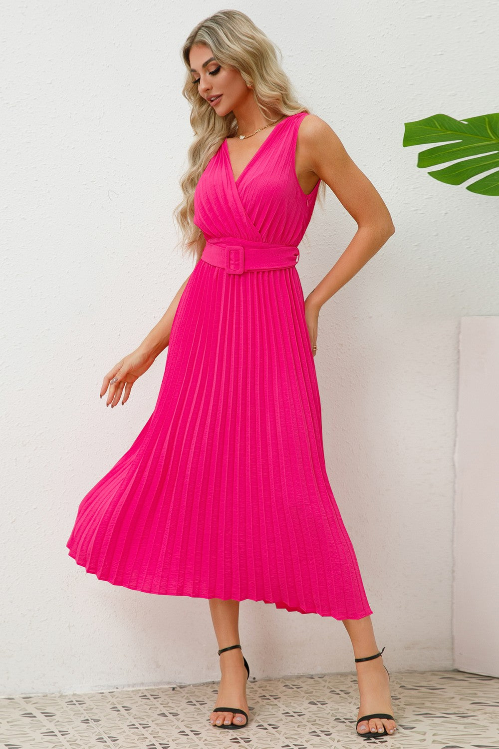 Surplice Sleeveless Midi Pleated Dress-VMA Specialties Boutique