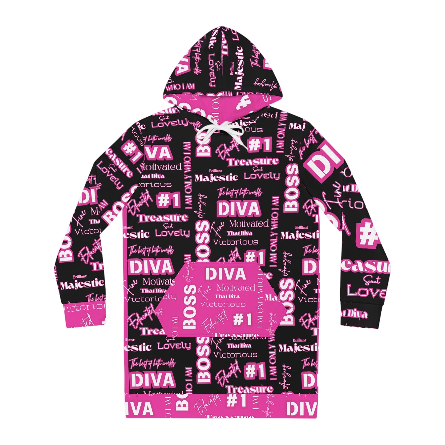 Hoodie Dress Diva Positive Affirmations Hot Pink and Black Statement Women's