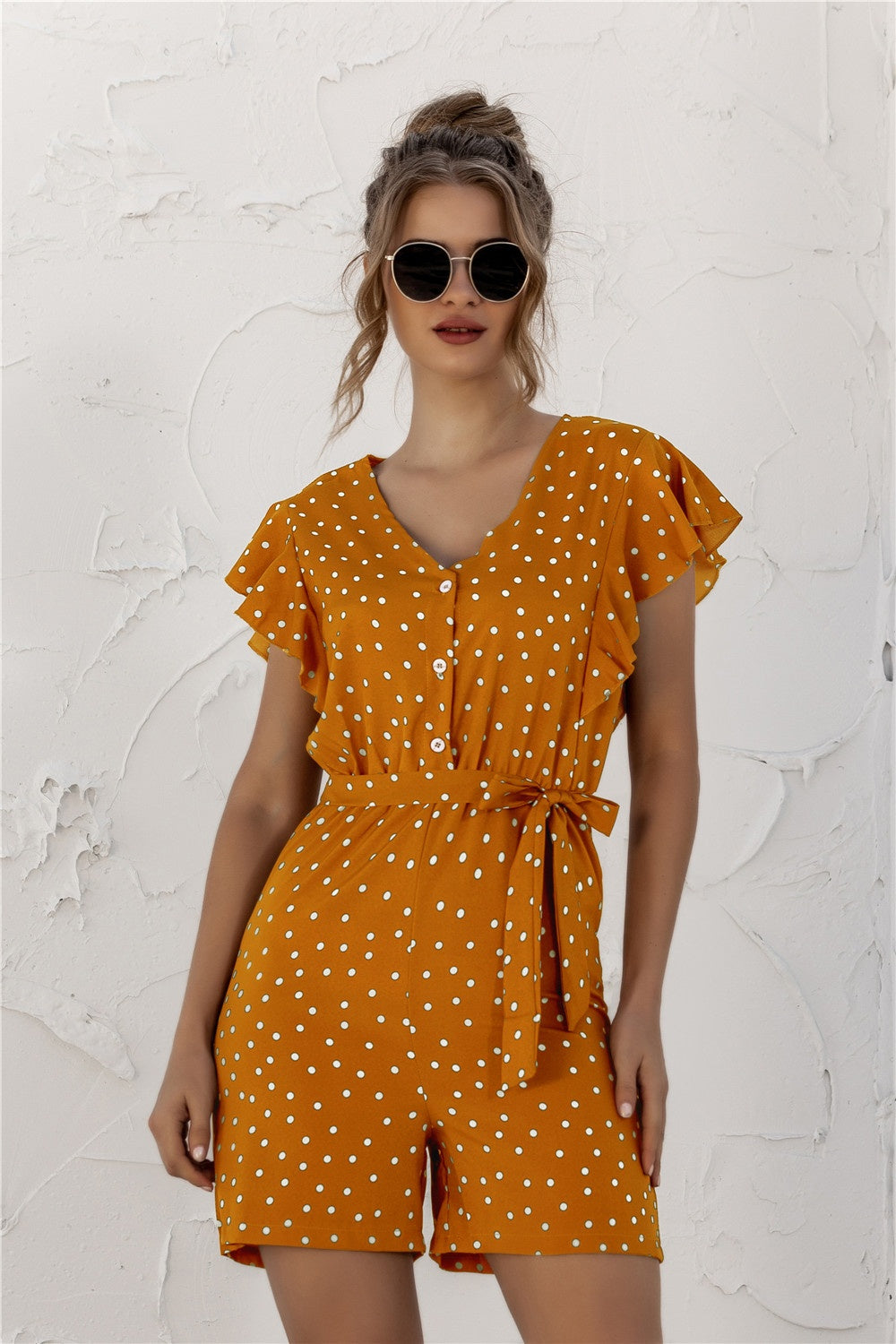 Ruffled Polka Dot Half Button Romper-VMA Specialties Boutique