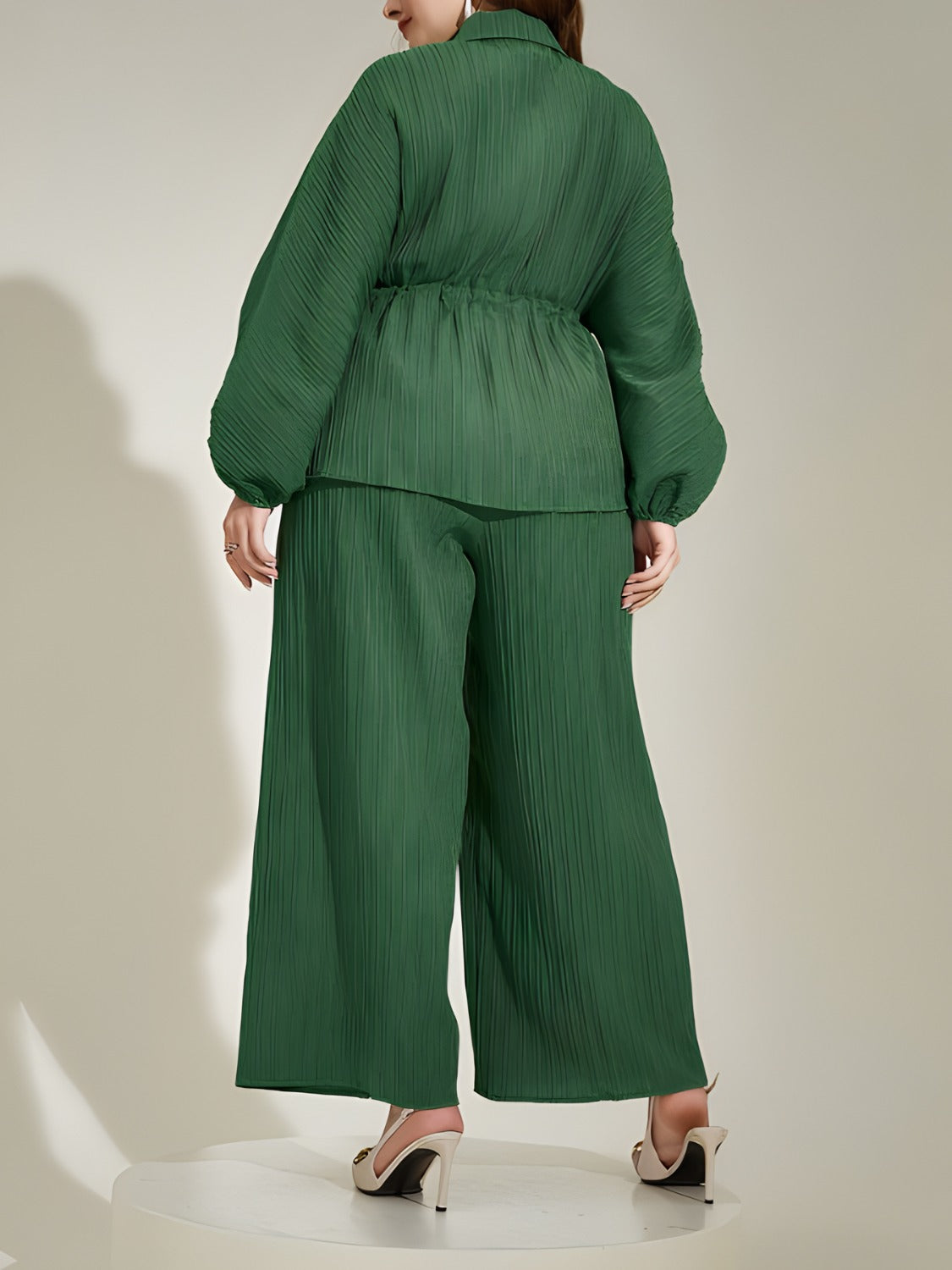 Plus Size Collared Neck Buttoned Top and Wide Leg Pants Set-VMA Specialties Boutique