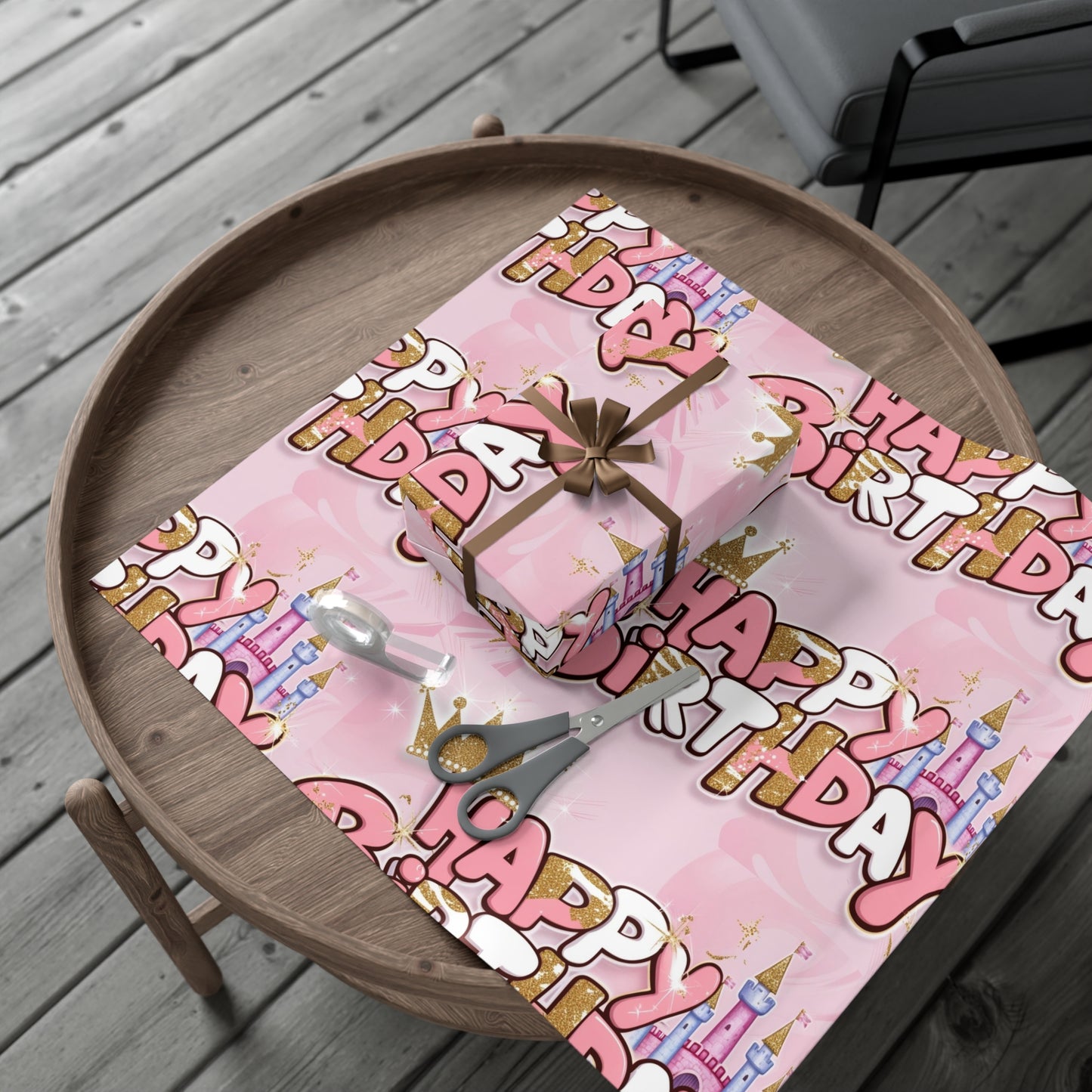 Gift Wrap Papers, Princess-Themed Happy Birthday Wrapping Paper, Pink and Gold Design, Glitter Effect, Castle Illustrations,