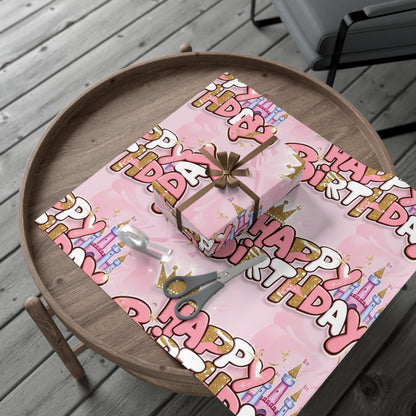 Gift Wrap Papers, Princess-Themed Happy Birthday Wrapping Paper, Pink and Gold Design, Glitter Effect, Castle Illustrations,