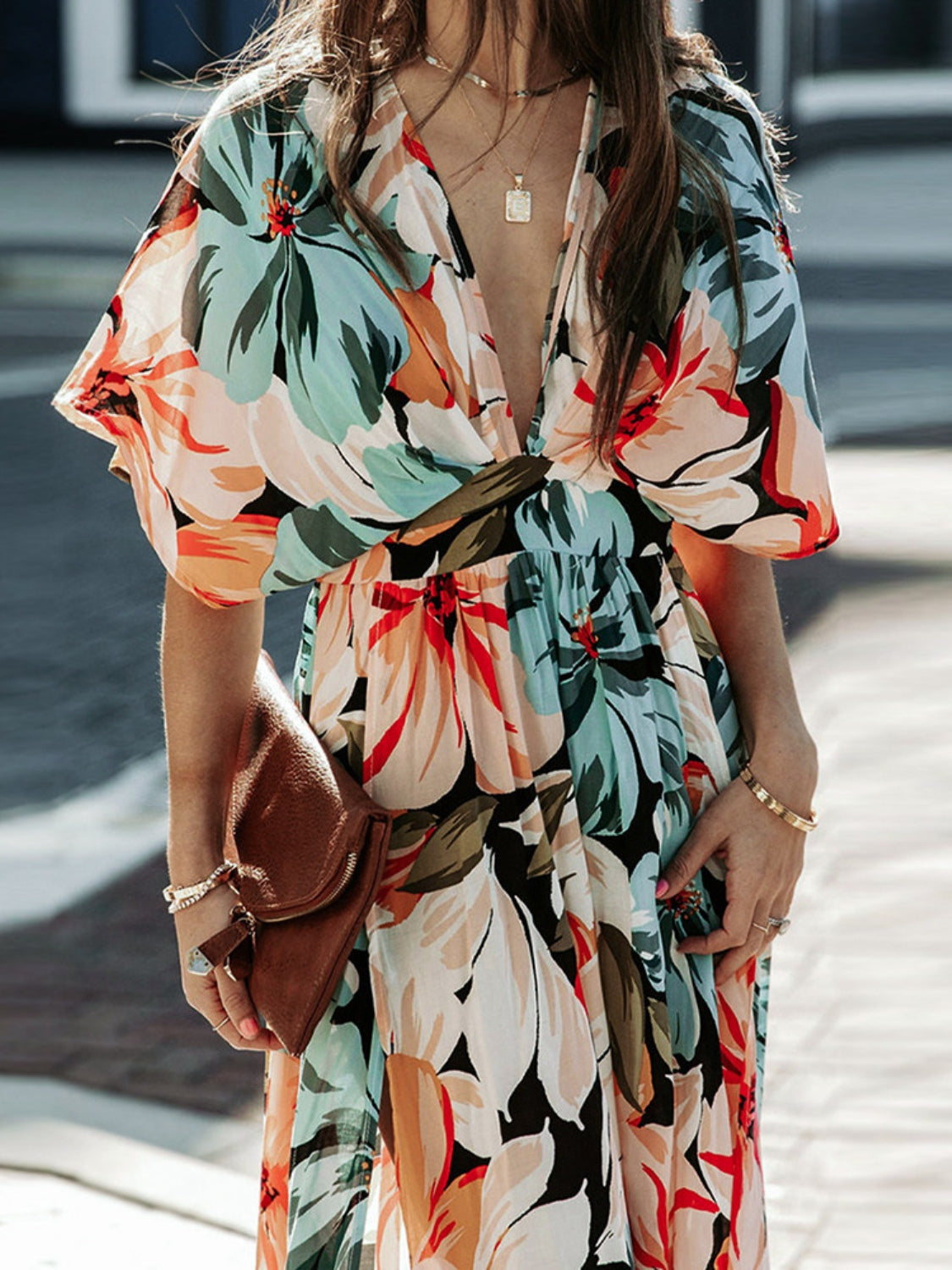 Floral Plunge Half Sleeve Dress-VMA Specialties Boutique